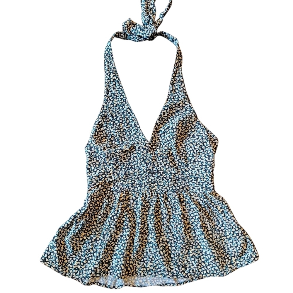 American Eagle Black Yellow Dainty Floral Print Halter Top
